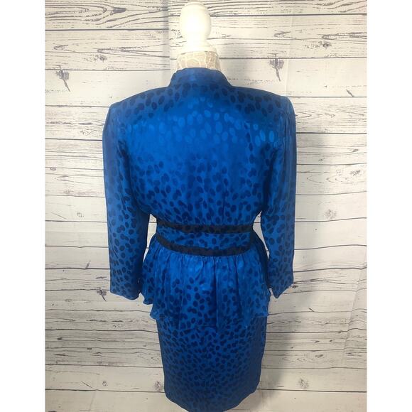 Vintage Silk Studio Blue & Black polkadot fitted waist top & skirt size 12 - Picture 7 of 12